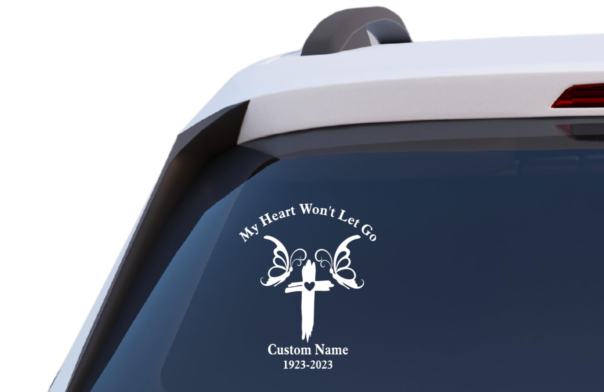 My Heart Won't Let Go Memorial Decal with Angel Wings and Cross, Custom Name and Date, Vinyl Car Window Sticker
