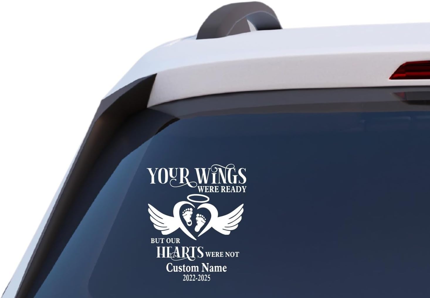 Your Wings were Ready but Our Hearts were Not Memorial Decal, Custom Name with Baby Feet, Angel Wings and Halo Design, 7.5x9 Inch Vinyl Car Sticker