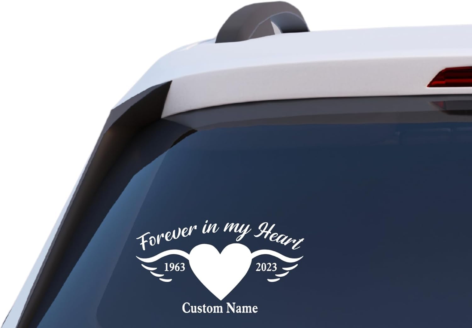 Forever in My Heart Memorial Car Decal, Customizable Name and Years, Angel Wings with Heart Design, Vinyl Window Sticker