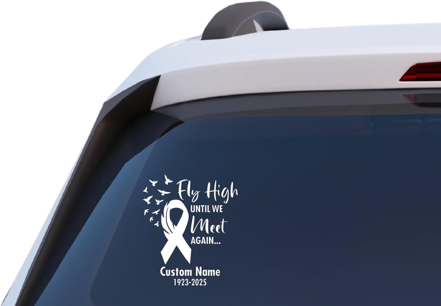 Fly High Until We Meet Again Memorial Decal, Cancer Awareness Ribbon with Birds, Custom Name and Date, Vinyl Car Window Sticker