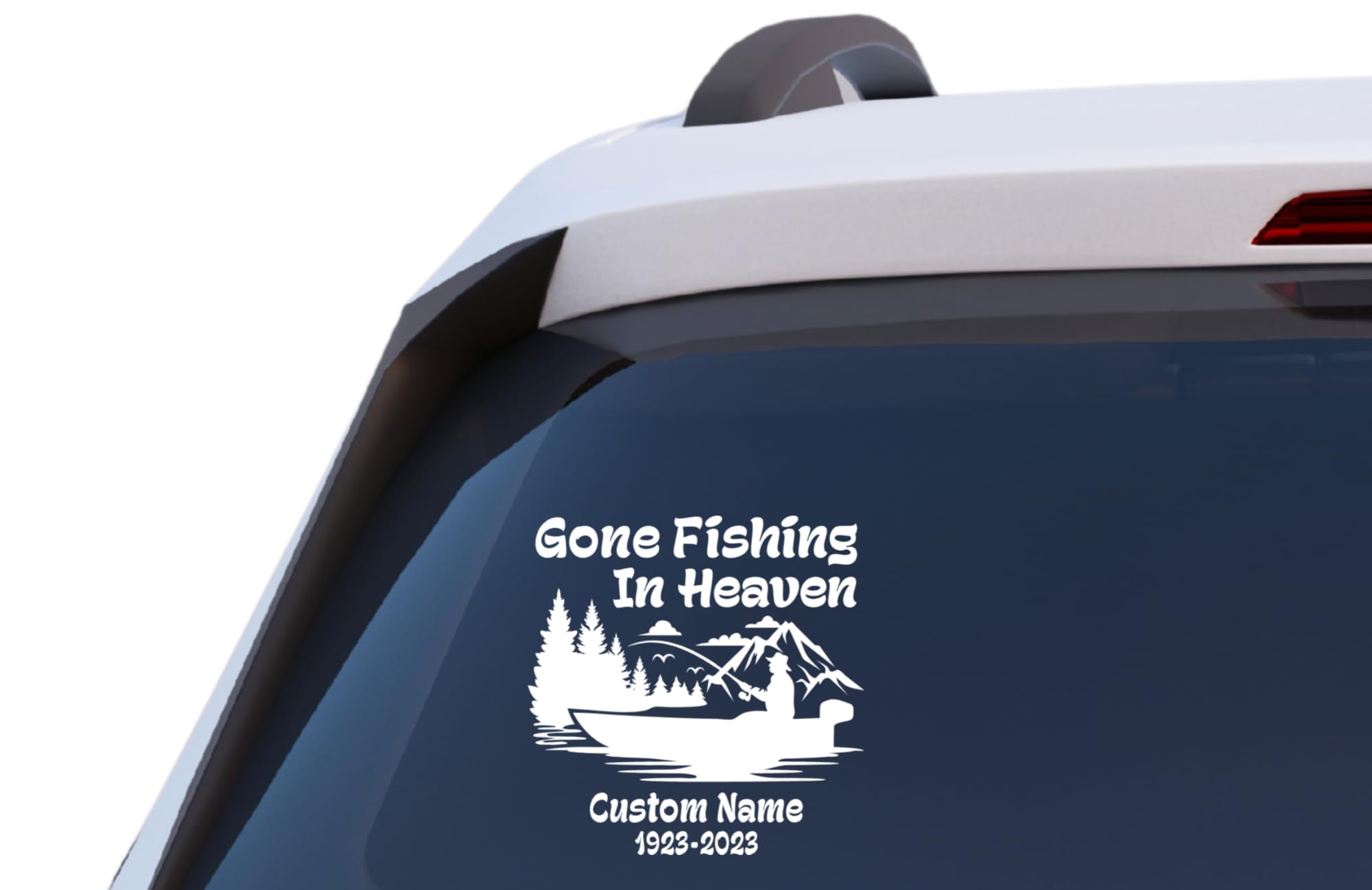 Gone Fishing in Heaven Memorial Decal, Custom Name and Dates, Vinyl Car Window Sticker